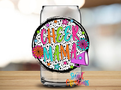 Cheer Mama Colorful design close-up on a clear glass can tumbler