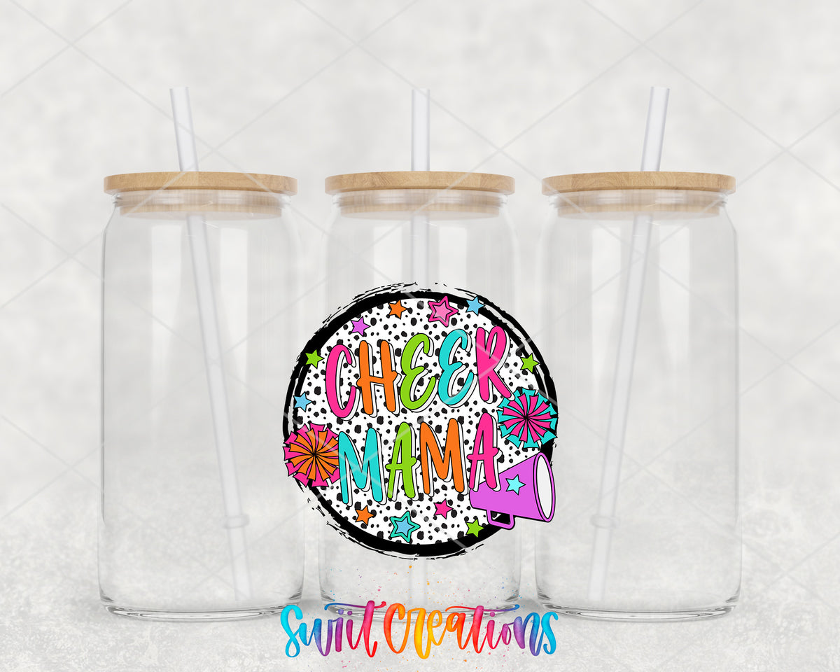 Cheer Mama Colorful clear glass tumbler group mockup with bamboo lids and straws