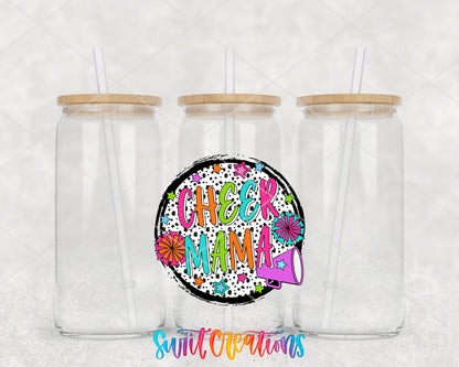 Cheer Mama Colorful clear glass tumbler group mockup with bamboo lids and straws