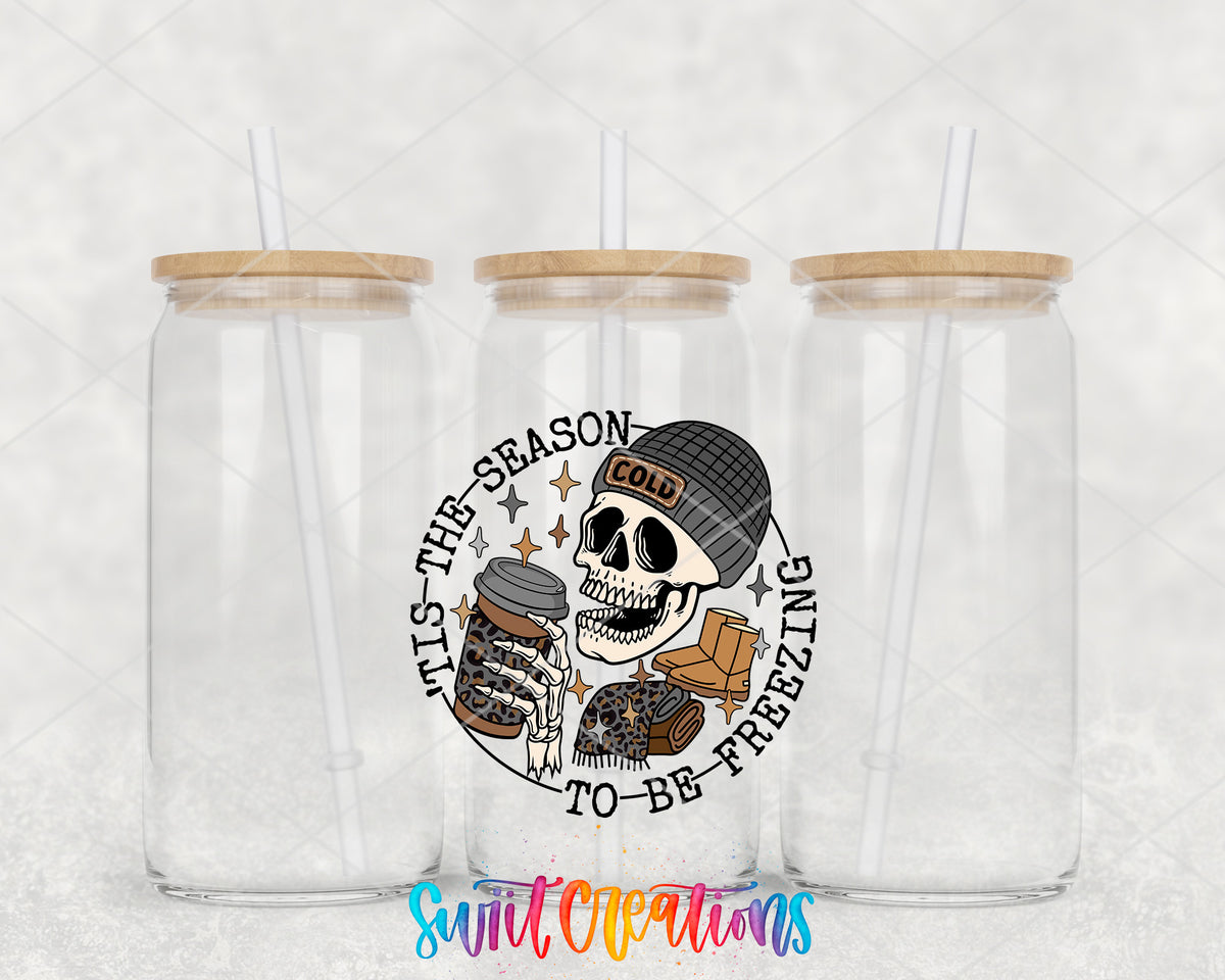 Tis the Season to Be Freezing clear glass tumbler group mockup with bamboo lids and straws