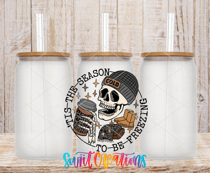 Tis the Season to Be Freezing frosted glass tumbler mockup with bamboo lids and straws