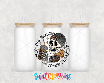 Tis the Season to Be Freezing frosted glass tumbler group view with lids and straws