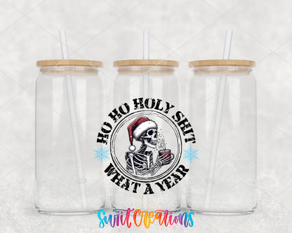 Ho Ho Holy Shit What a Year clear glass tumbler group mockup with bamboo lids and straws