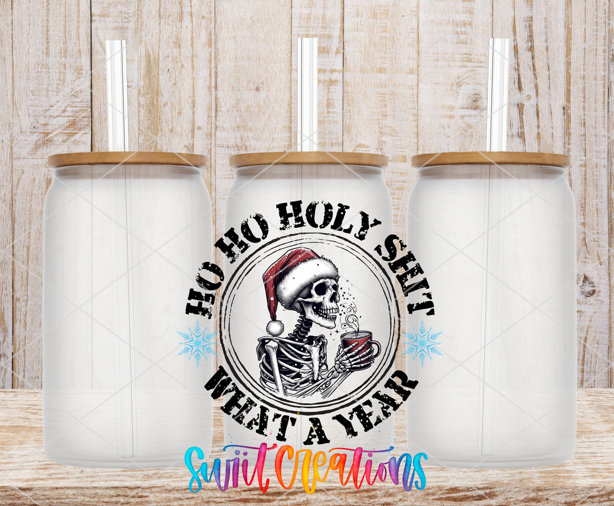 Ho Ho Holy Shit What a Year frosted glass tumbler mockup with bamboo lids and straws