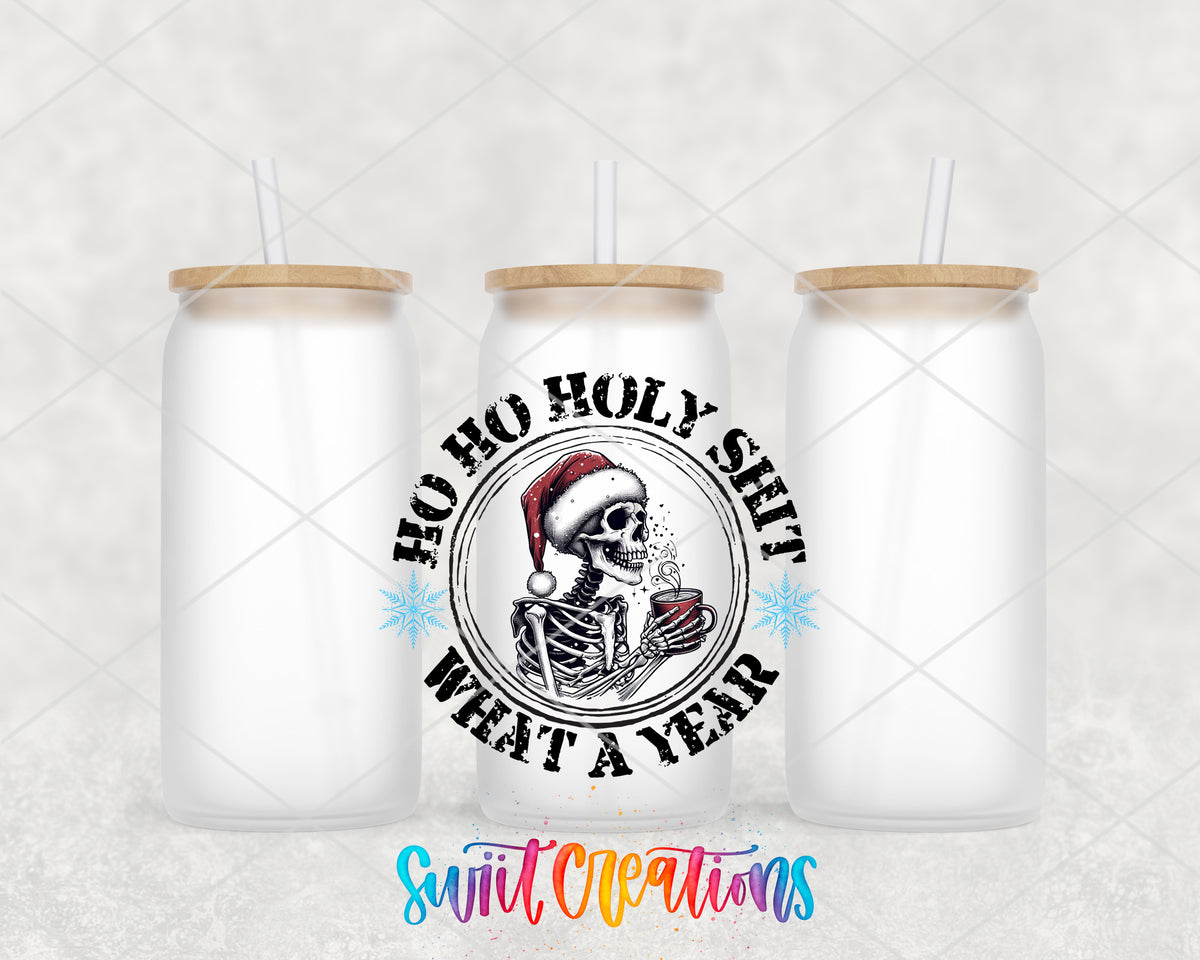 Ho Ho Holy Shit What a Year frosted glass tumbler group view with lids and straws