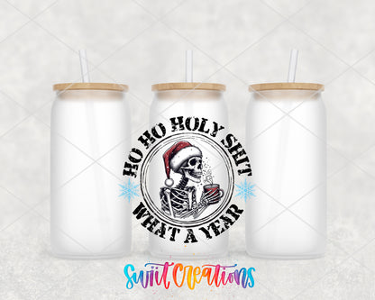 Ho Ho Holy Shit What a Year frosted glass tumbler group view with lids and straws