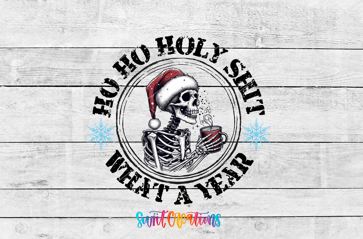 Ho Ho Holy Shit What a Year artwork detail for the finished 16 oz tumbler