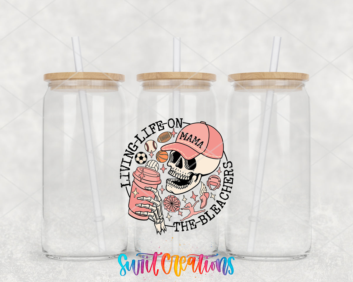 Living Life on the Bleachers Mama clear glass tumbler group mockup with bamboo lids and straws