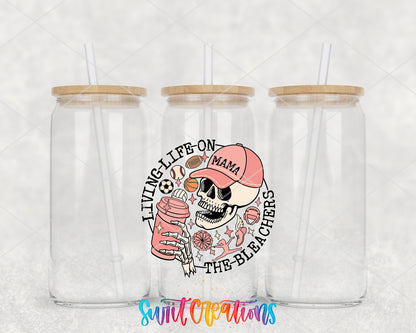 Living Life on the Bleachers Mama clear glass tumbler group mockup with bamboo lids and straws