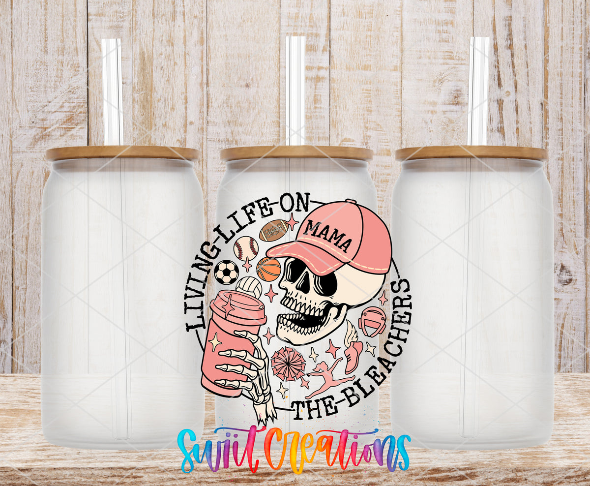 Living Life on the Bleachers Mama frosted glass tumbler mockup with bamboo lids and straws