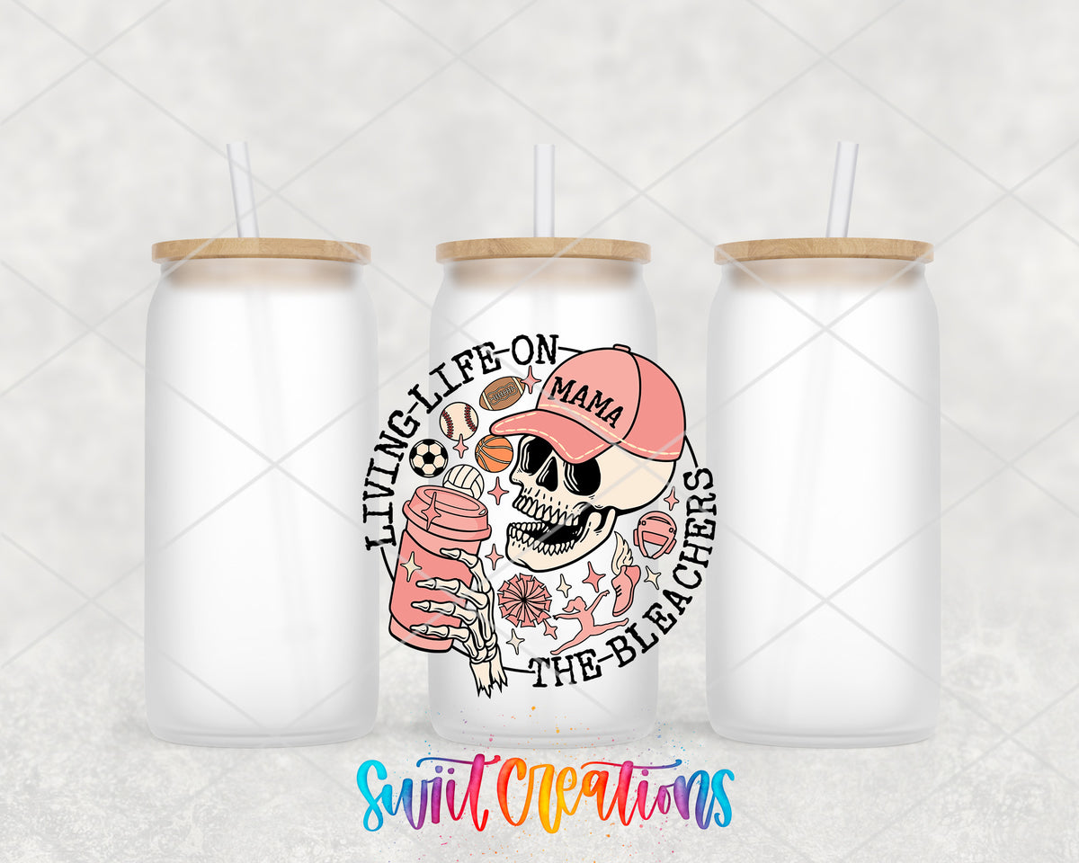 Living Life on the Bleachers Mama frosted glass tumbler group view with lids and straws