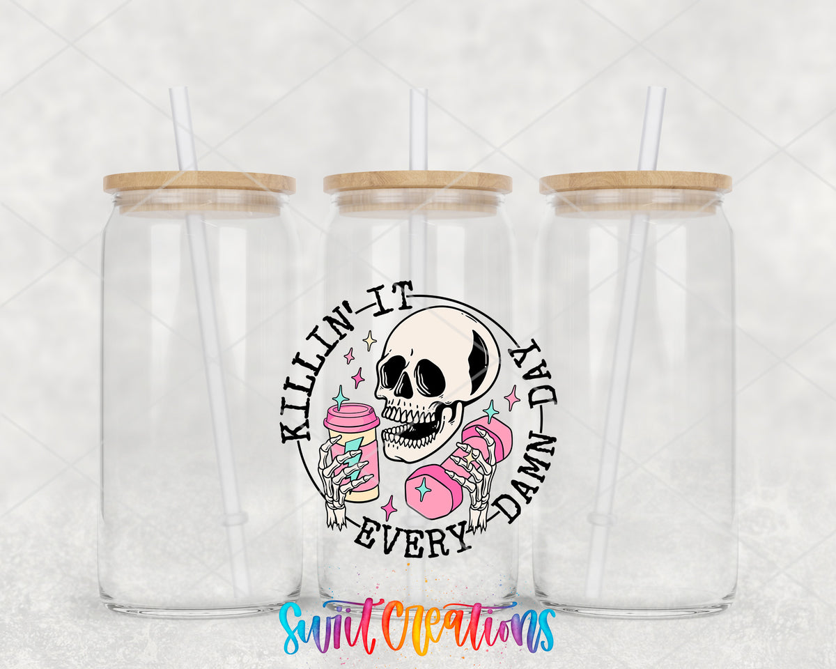 Killin It Every Damn Day clear glass tumbler group mockup with bamboo lids and straws