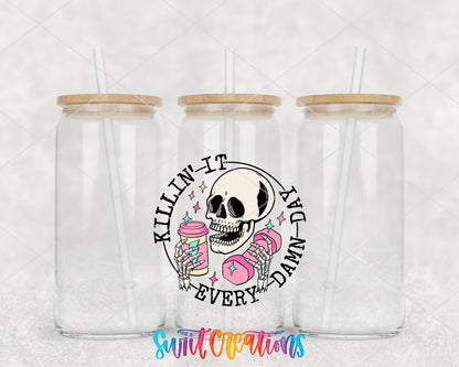 Killin It Every Damn Day clear glass tumbler group mockup with bamboo lids and straws