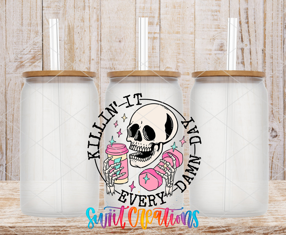 Killin It Every Damn Day frosted glass tumbler mockup with bamboo lids and straws