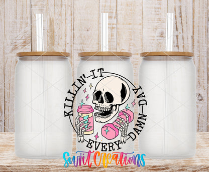 Killin It Every Damn Day frosted glass tumbler mockup with bamboo lids and straws