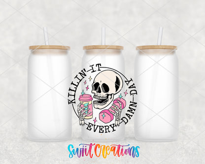Killin It Every Damn Day frosted glass tumbler group view with lids and straws