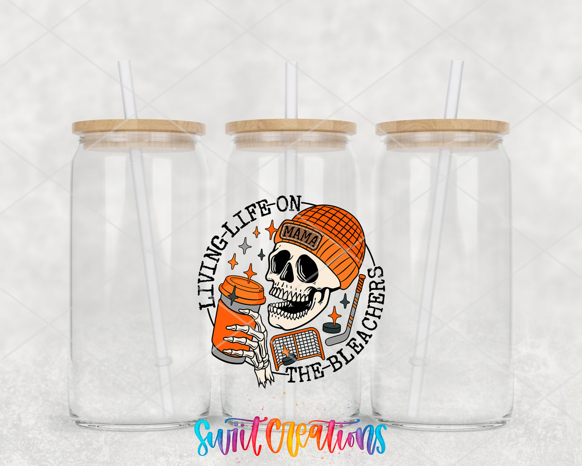 Hockey Mama Living Life on the Bleachers clear glass tumbler group mockup with bamboo lids and straws