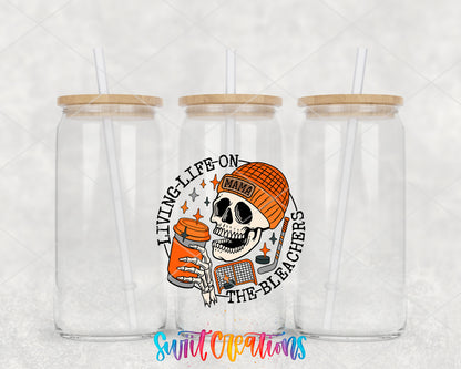 Hockey Mama Living Life on the Bleachers clear glass tumbler group mockup with bamboo lids and straws