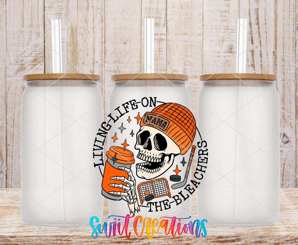 Hockey Mama Living Life on the Bleachers frosted glass tumbler mockup with bamboo lids and straws