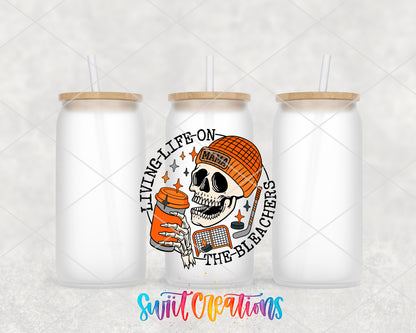 Hockey Mama Living Life on the Bleachers frosted glass tumbler group view with lids and straws
