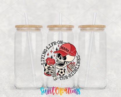 Soccer Mama Living Life on the Sidelines clear glass tumbler group mockup with bamboo lids and straws
