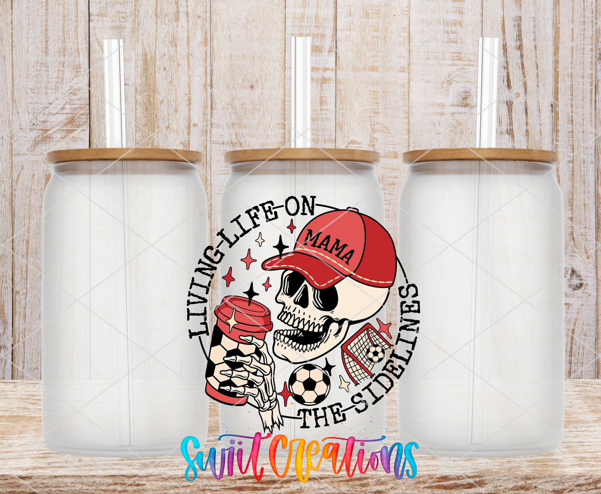 Soccer Mama Living Life on the Sidelines frosted glass tumbler mockup with bamboo lids and straws