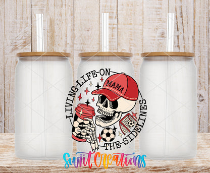 Soccer Mama Living Life on the Sidelines frosted glass tumbler mockup with bamboo lids and straws