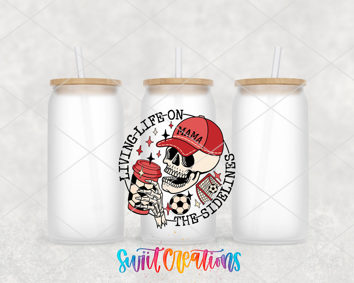 Soccer Mama Living Life on the Sidelines frosted glass tumbler group view with lids and straws