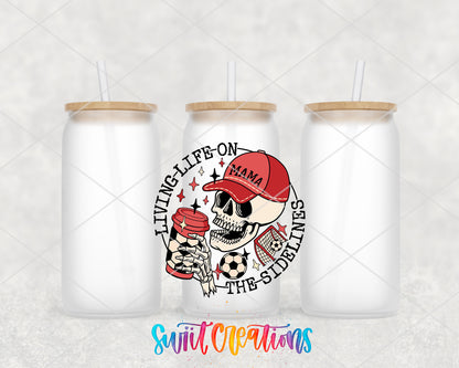Soccer Mama Living Life on the Sidelines frosted glass tumbler group view with lids and straws