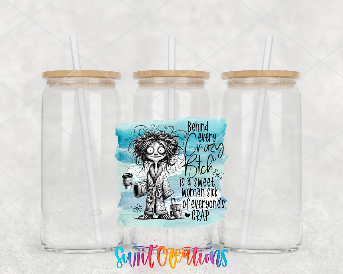 Behind Every Crazy Bitch clear glass tumbler group mockup with bamboo lids and straws