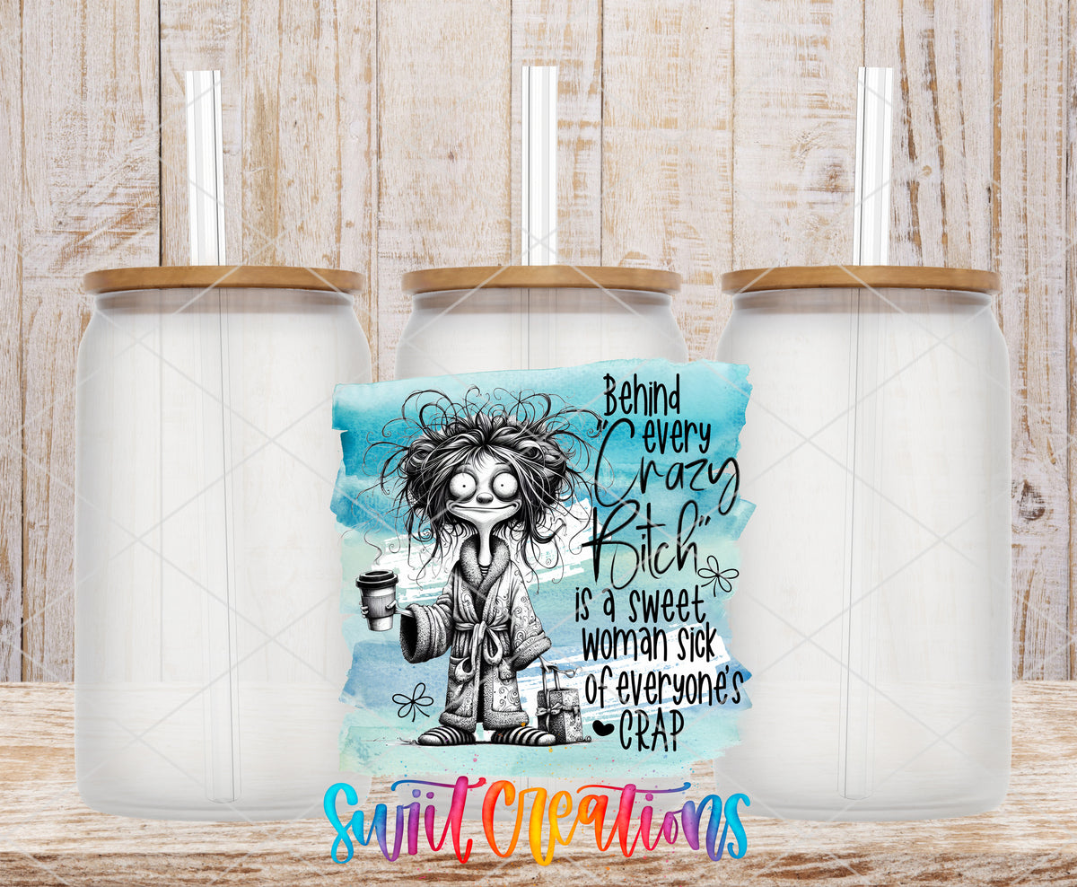 Behind Every Crazy Bitch frosted glass tumbler mockup with bamboo lids and straws
