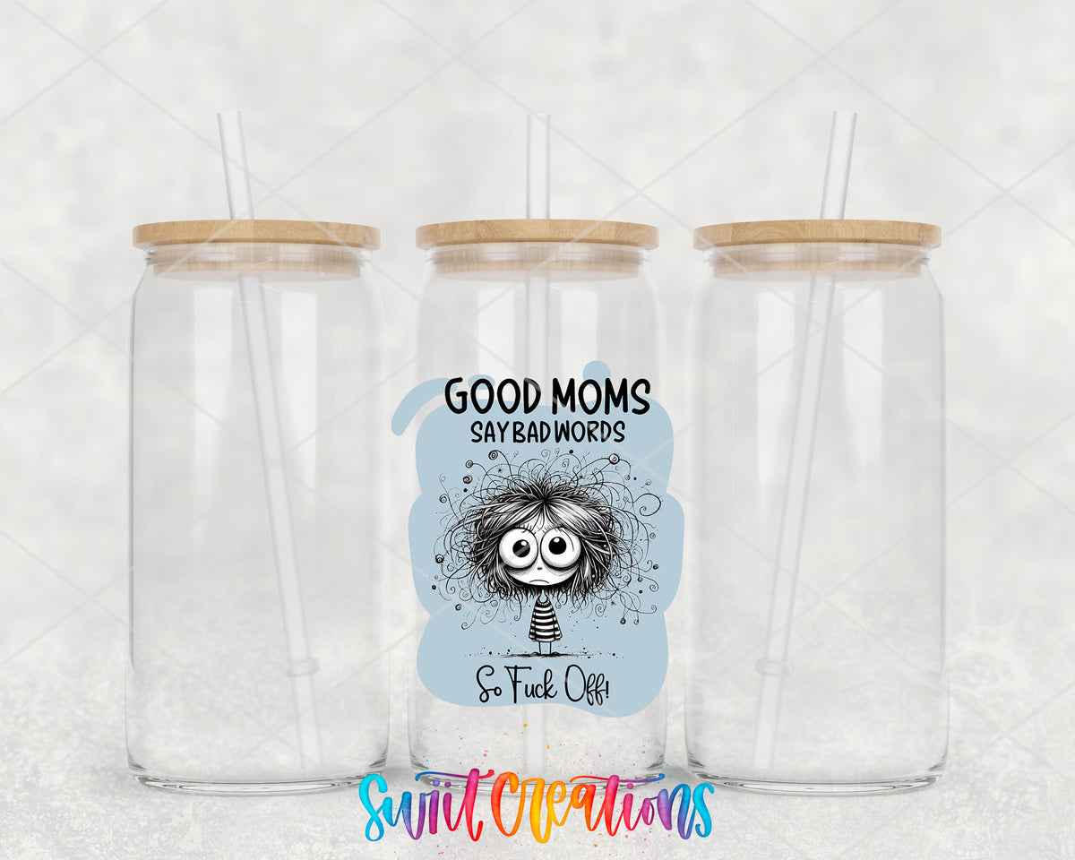 Good Moms Say Bad Words clear glass tumbler group mockup with bamboo lids and straws