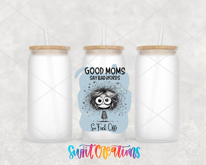 Good Moms Say Bad Words frosted glass tumbler group view with lids and straws