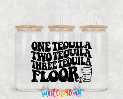 One Tequila Two Tequila Floor clear glass tumbler group mockup with bamboo lids and straws
