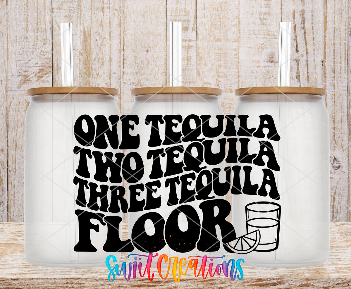 One Tequila Two Tequila Floor frosted glass tumbler mockup with bamboo lids and straws