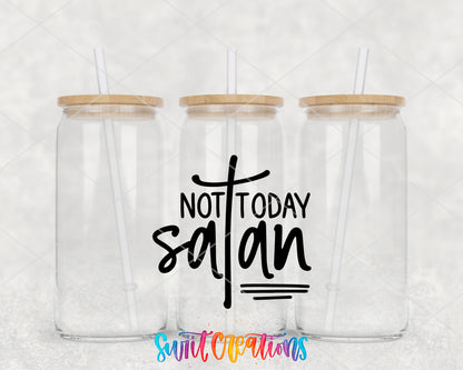Not Today Satan clear glass tumbler group mockup with bamboo lids and straws