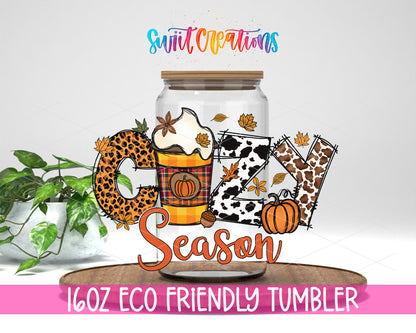Cozy Season design on a 16 oz clear glass tumbler with bamboo lid