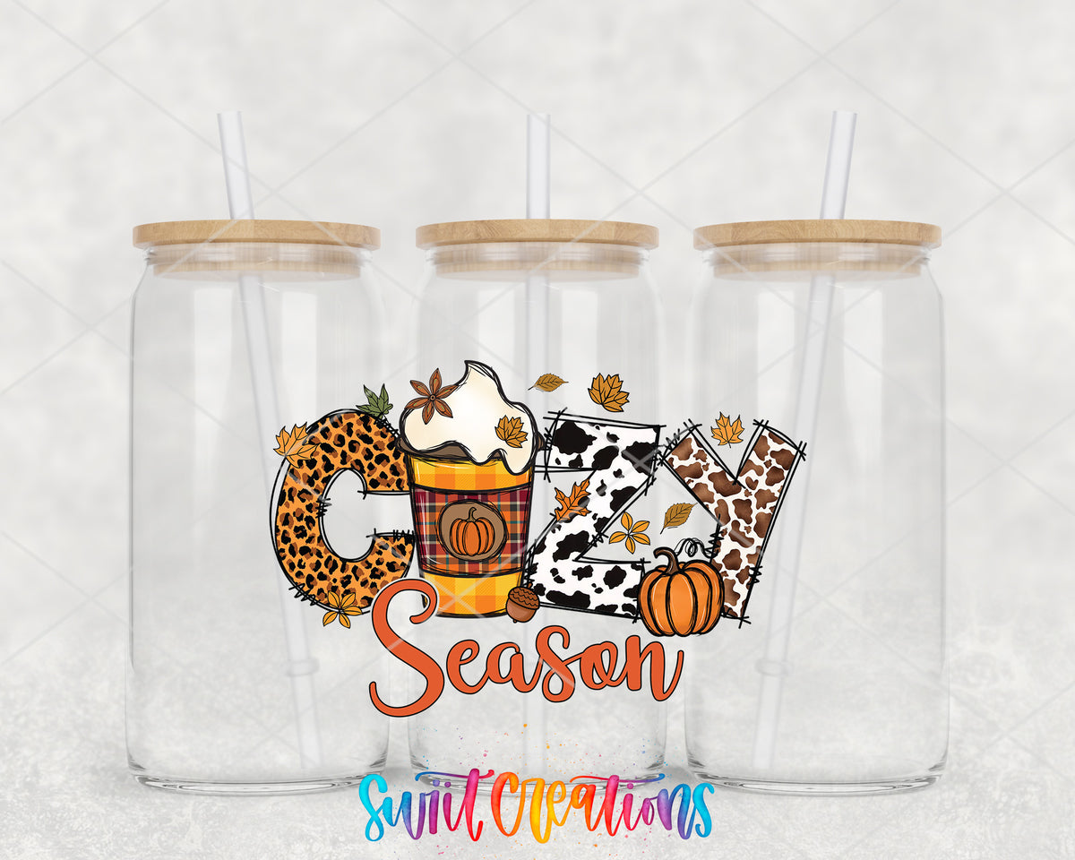 Cozy Season clear glass tumbler group mockup with bamboo lids and straws