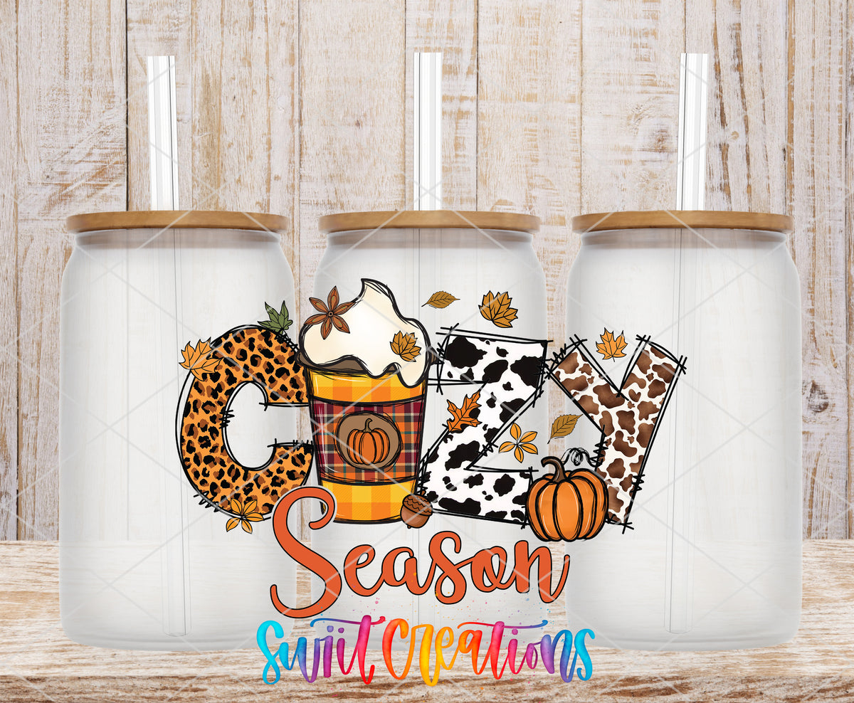 Cozy Season frosted glass tumbler mockup with bamboo lids and straws