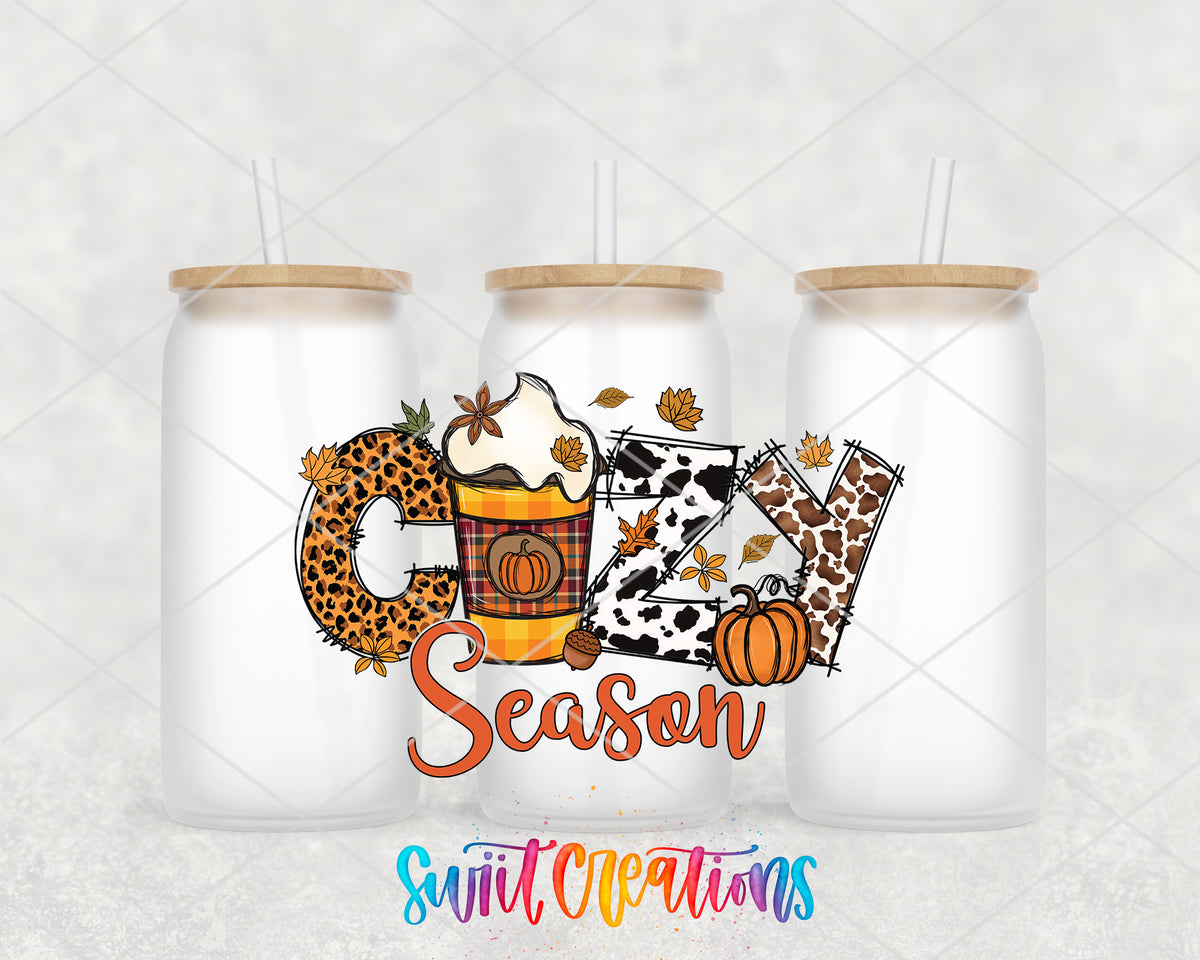 Cozy Season frosted glass tumbler group view with lids and straws