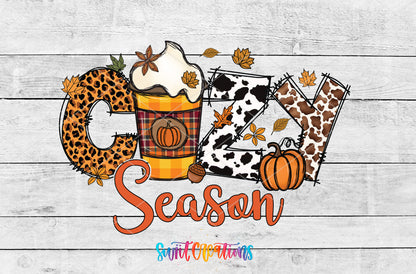 Cozy Season artwork detail for the finished 16 oz tumbler