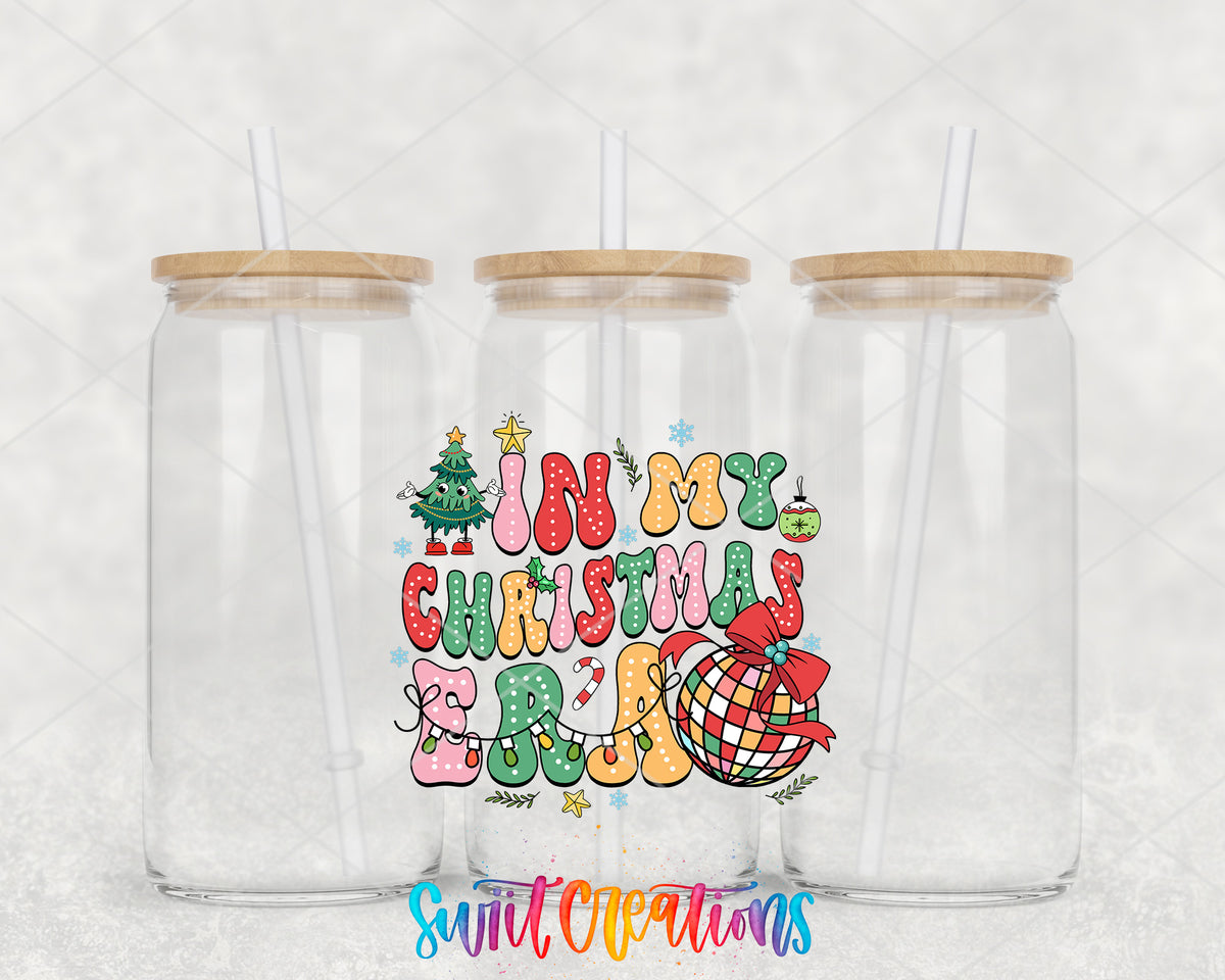 In My Christmas Era clear glass tumbler group mockup with bamboo lids and straws