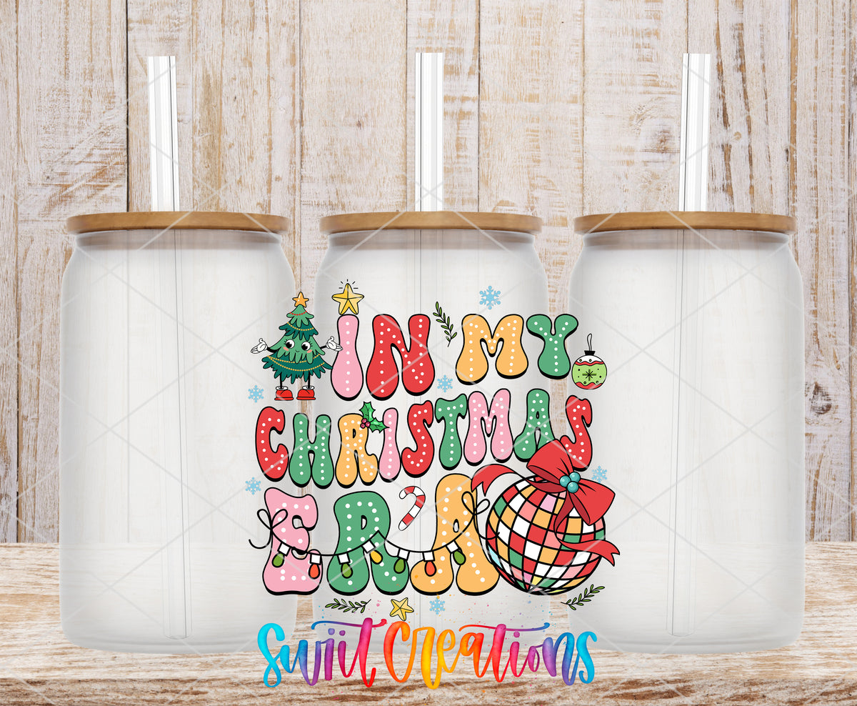 In My Christmas Era frosted glass tumbler mockup with bamboo lids and straws