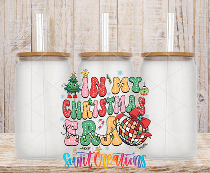 In My Christmas Era frosted glass tumbler mockup with bamboo lids and straws