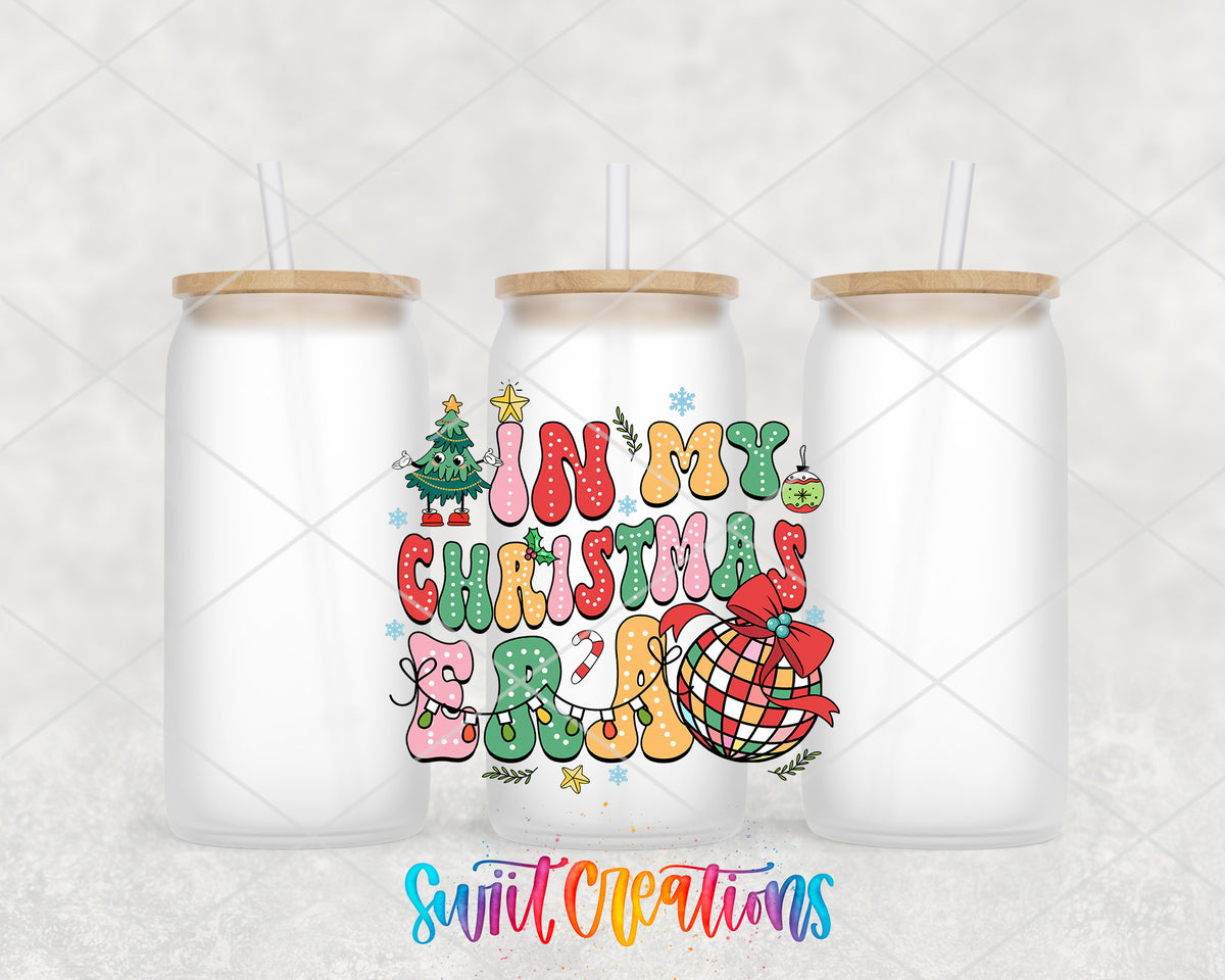 In My Christmas Era frosted glass tumbler group view with lids and straws