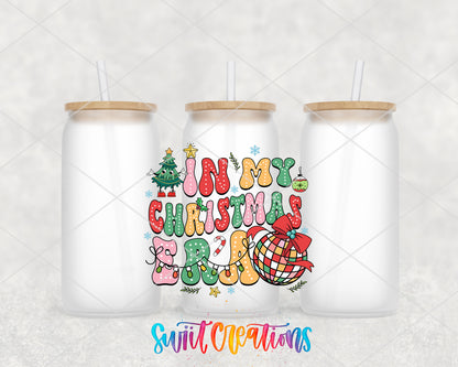 In My Christmas Era frosted glass tumbler group view with lids and straws