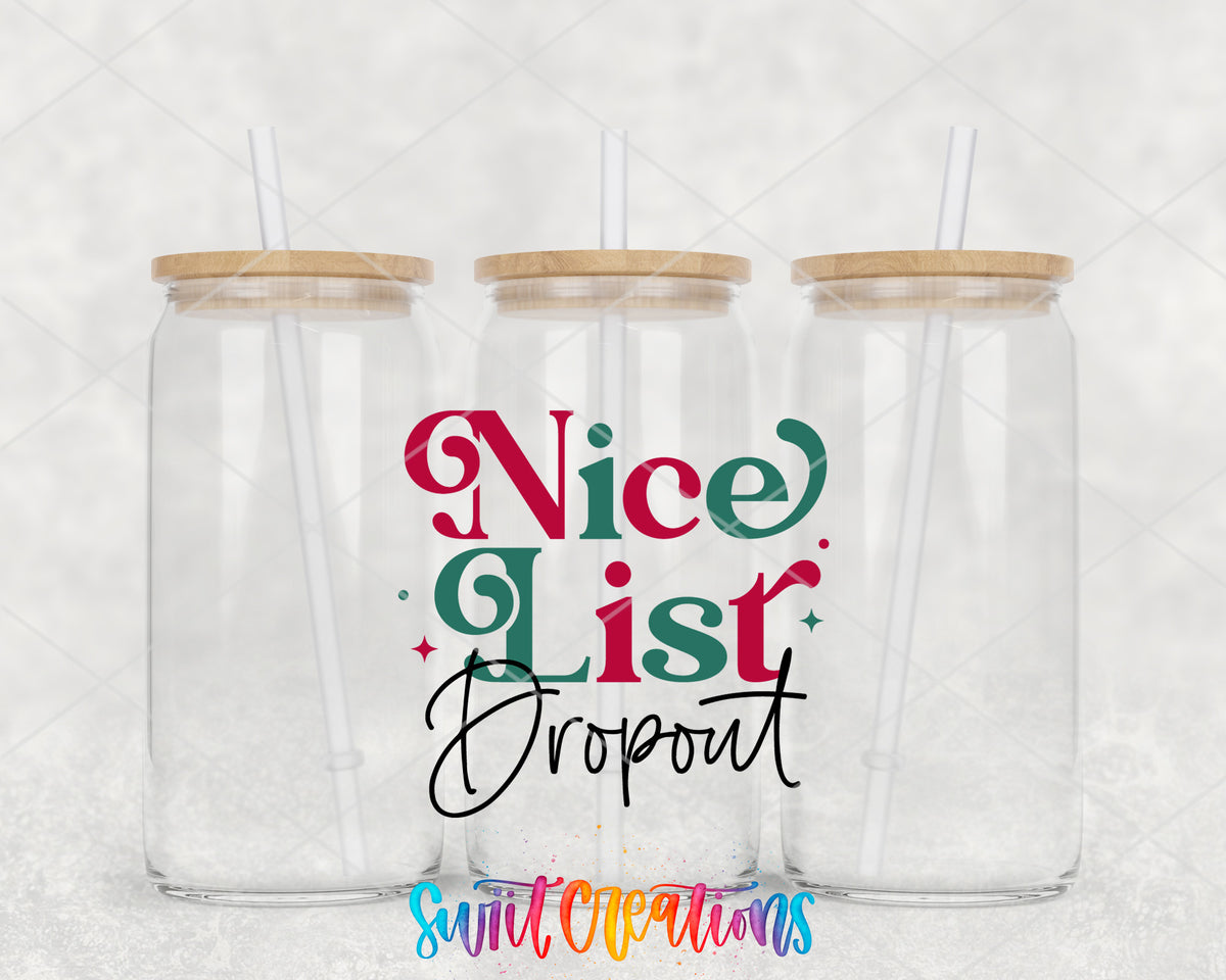 Nice List Dropout clear glass tumbler group mockup with bamboo lids and straws
