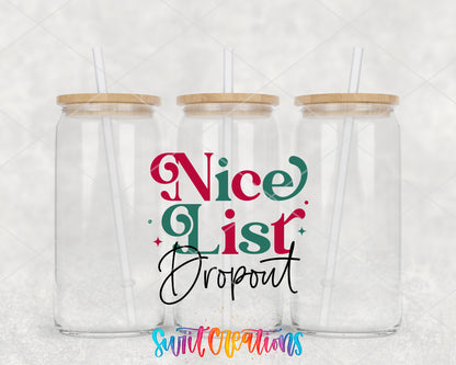 Nice List Dropout clear glass tumbler group mockup with bamboo lids and straws