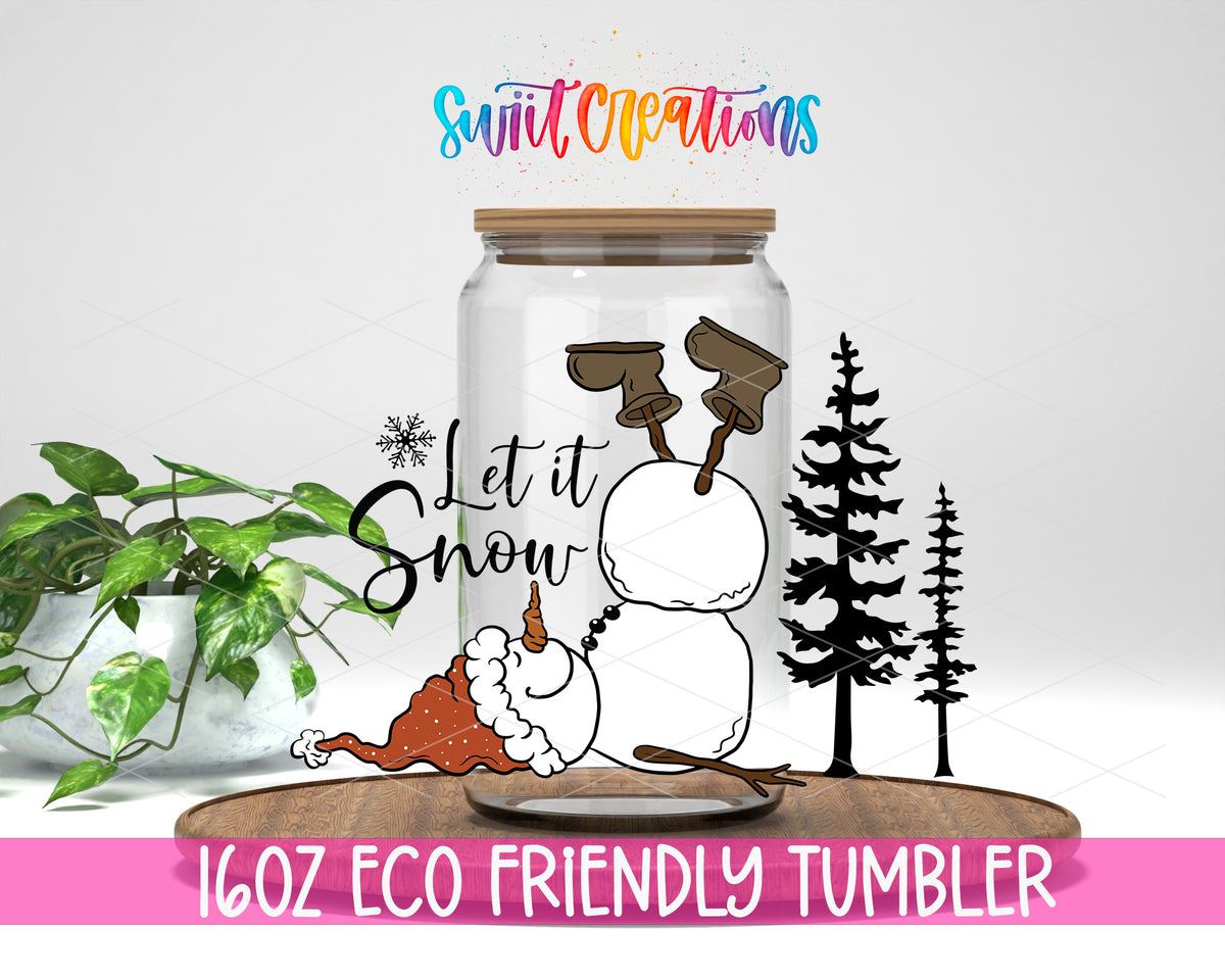 Let It Snow Upside Down Snowman design on a 16 oz clear glass tumbler with bamboo lid