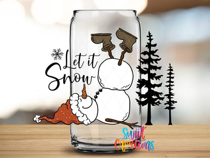 Let It Snow Upside Down Snowman design close-up on a clear glass can tumbler